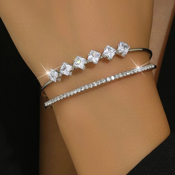 3/$35 Silver Tone Copper Cubic Zirconia Cuff Bangle Bracelet Two Rows Diamond - Picture 5 of 5